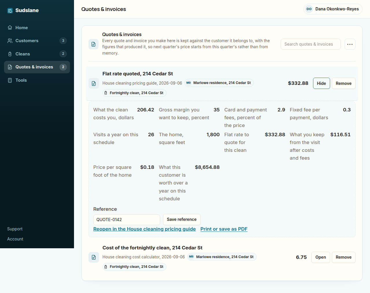 The Sudslane workspace showing the saved flat rate quoted for the same fortnightly clean against the customer record: a $206.42 cost, a 35% target margin, the card fee, and $332.88 as the quoted price.